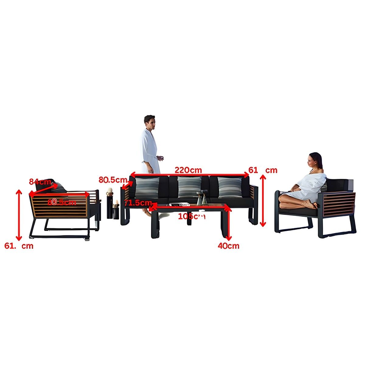 Möbelset für Terrasse und Garten, Sofa, 2 Sessel, Couchtisch, Eiskübel, Aluminium und Holz, inklusive Kissen, Kia