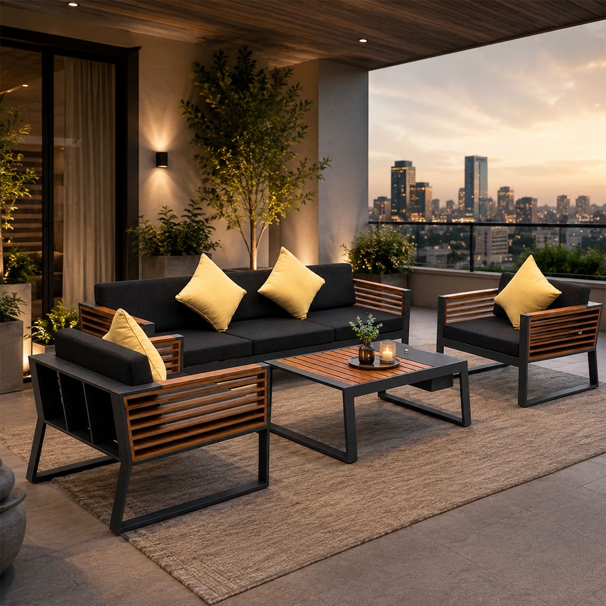 Möbelset für Garten oder Terrasse – Sofa, 2 Sessel, Couchtisch mit Ice Bucket, Aluminium und Holz, inklusive Kissen, Kia