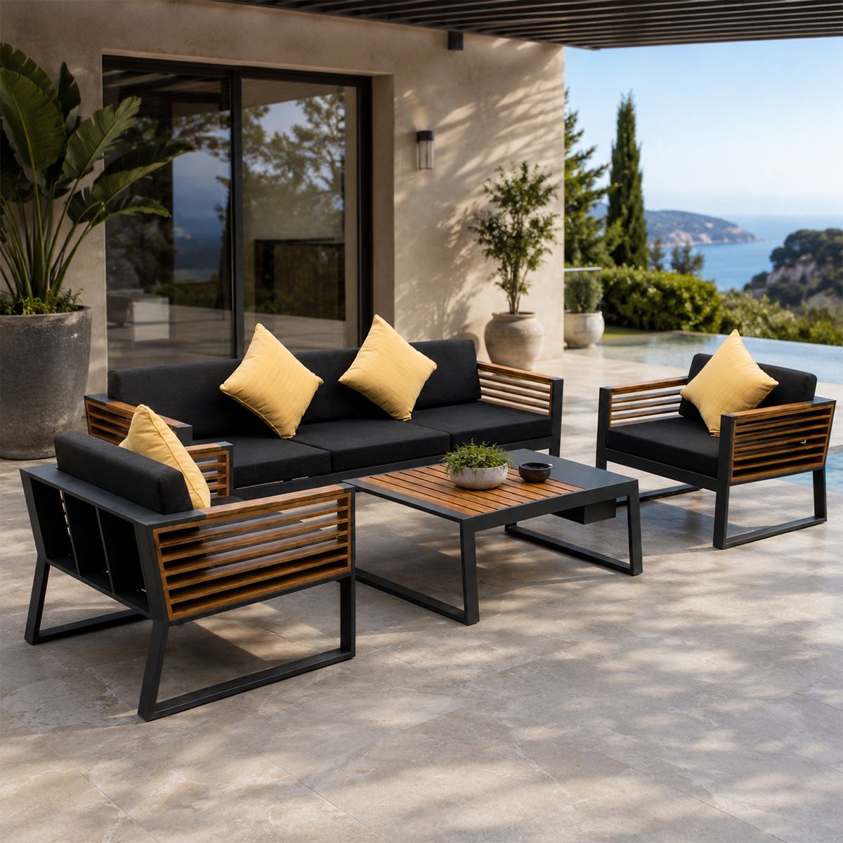 Möbelset für Garten oder Terrasse – Sofa, 2 Sessel, Couchtisch mit Ice Bucket, Aluminium und Holz, inklusive Kissen, Kia