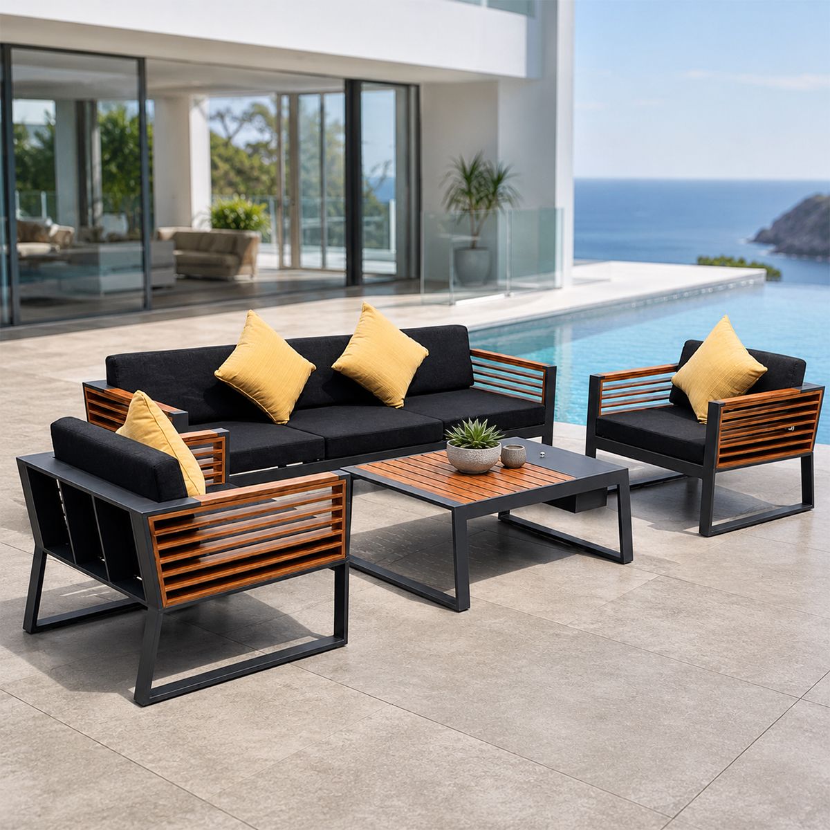 Möbelset für Garten oder Terrasse – Sofa, 2 Sessel, Couchtisch mit Ice Bucket, Aluminium und Holz, inklusive Kissen, Kia