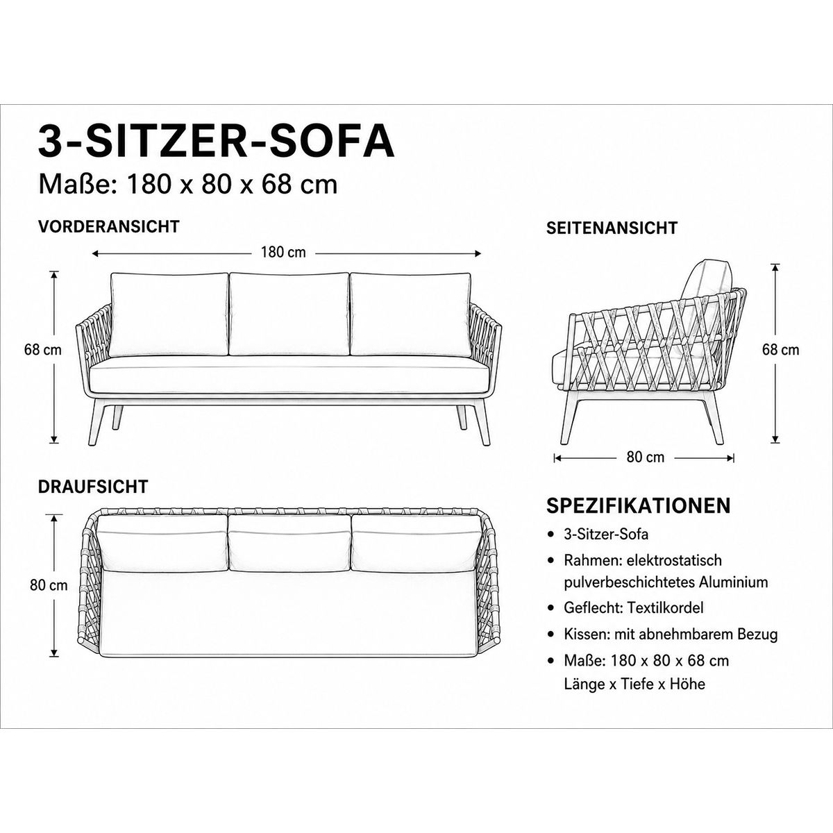 Möbelset für Garten oder Terrasse – Sofa, 2 Sessel, Couchtisch,  Aluminiumrahmen und Seilgeflecht, Ray