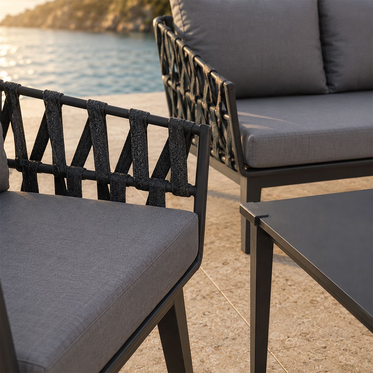 Möbelset für Garten oder Terrasse – Sofa, 2 Sessel, Couchtisch,  Aluminiumrahmen und Seilgeflecht, Ray