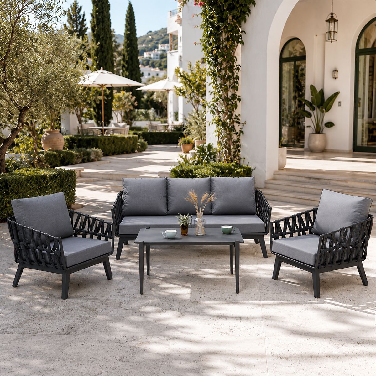 Möbelset für Garten oder Terrasse – Sofa, 2 Sessel, Couchtisch,  Aluminiumrahmen und Seilgeflecht, Ray
