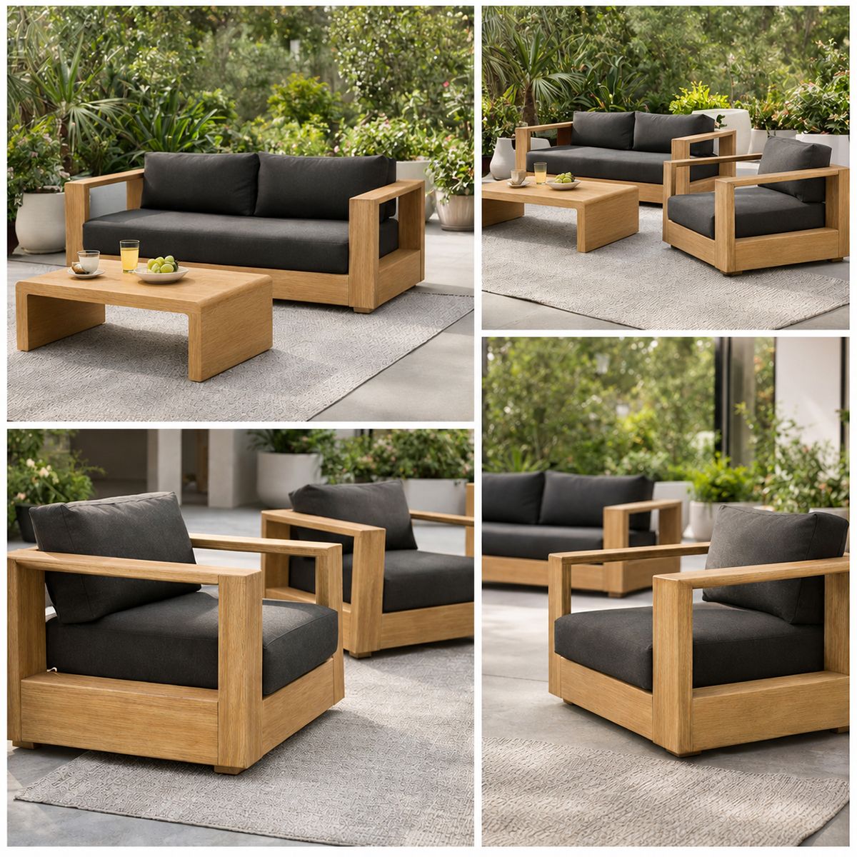 Gartenmöbel-Set für die Terrasse, 2-Sitzer-Sofa, 2 Sessel, Couchtisch, Aluminium, Edenia