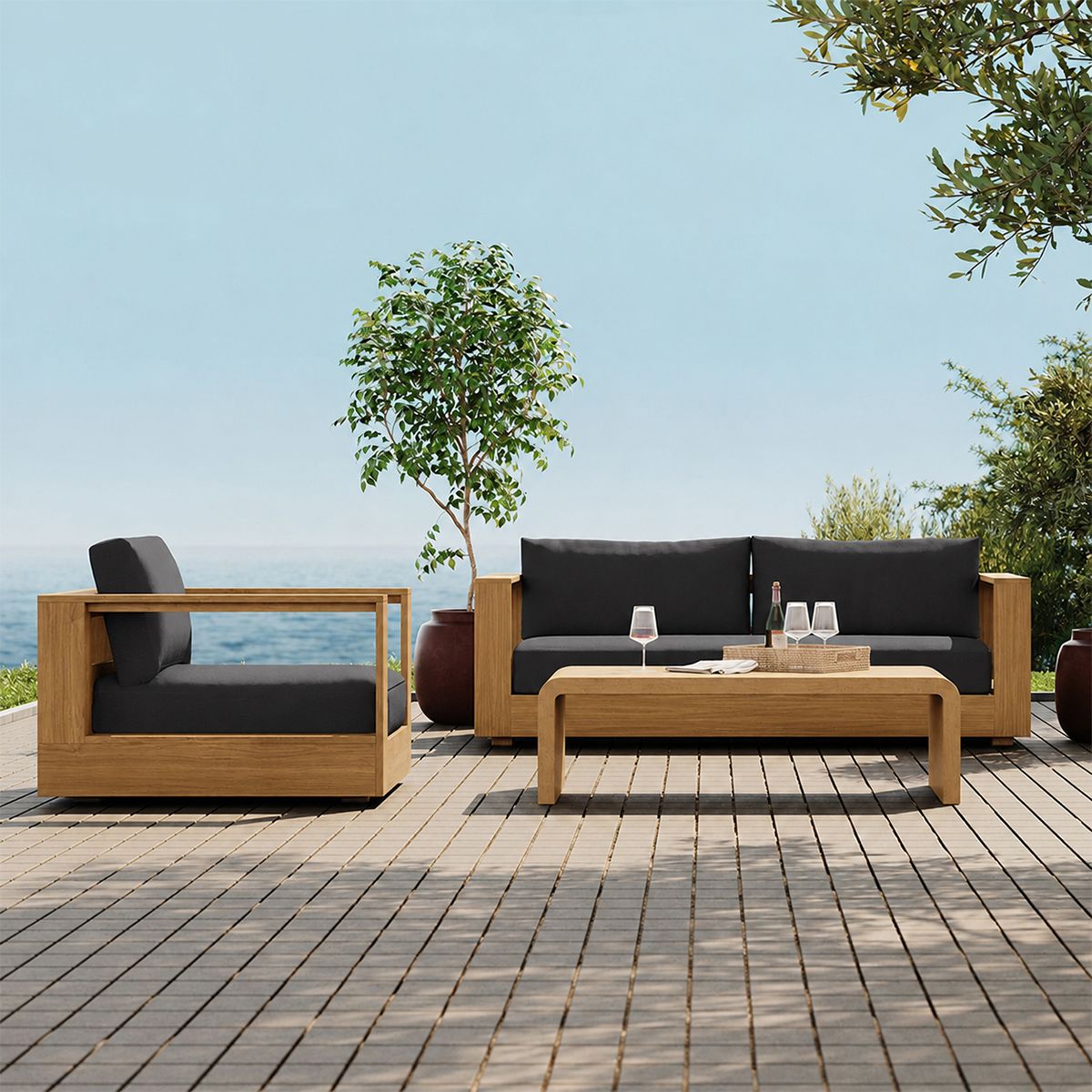 Gartenmöbel-Set für die Terrasse, 2-Sitzer-Sofa, 2 Sessel, Couchtisch, Aluminium, Edenia