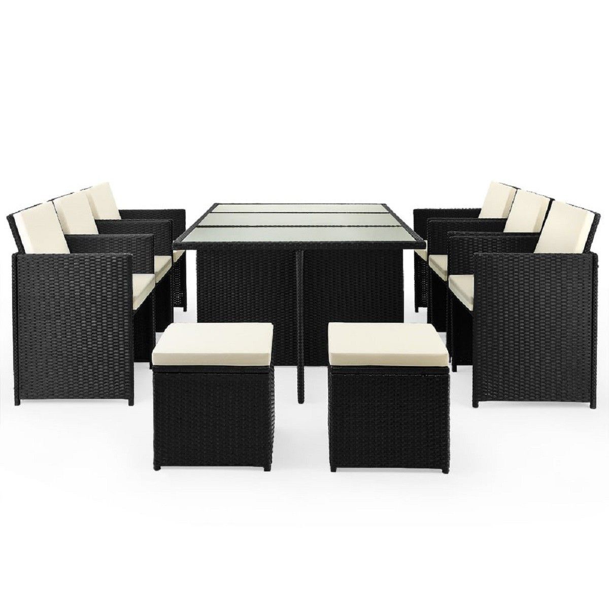 Gartenmöbel-Set für,Terrasse, faltbarer Cube, 6 Stühle mit verstellbarer Rückenlehne, 4 Hocker, 180x120x74 cm, Schwarz, Michigan