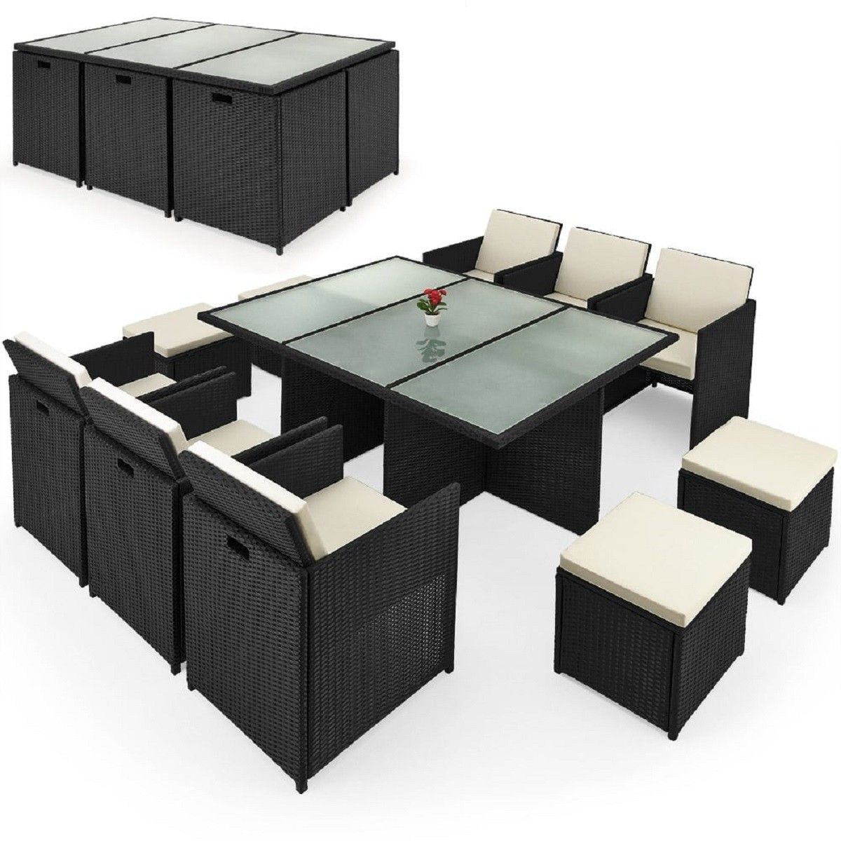 Gartenmöbel-Set für,Terrasse, faltbarer Cube, 6 Stühle mit verstellbarer Rückenlehne, 4 Hocker, 180x120x74 cm, Schwarz, Michigan