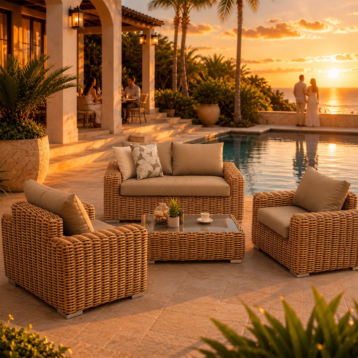 Möbelset, Garten oder Terrasse, Sofa, 2 Sessel, Kaffeetisch, Aluminiumgestell, Polyrattan, Augusta