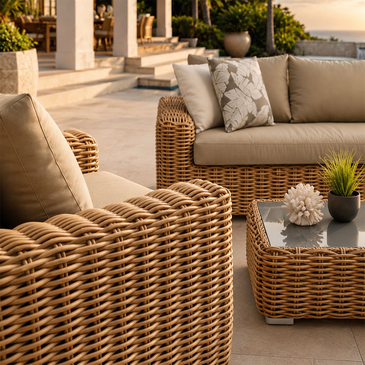 Möbelset, Garten oder Terrasse, Sofa, 2 Sessel, Kaffeetisch, Aluminiumgestell, Polyrattan, Augusta