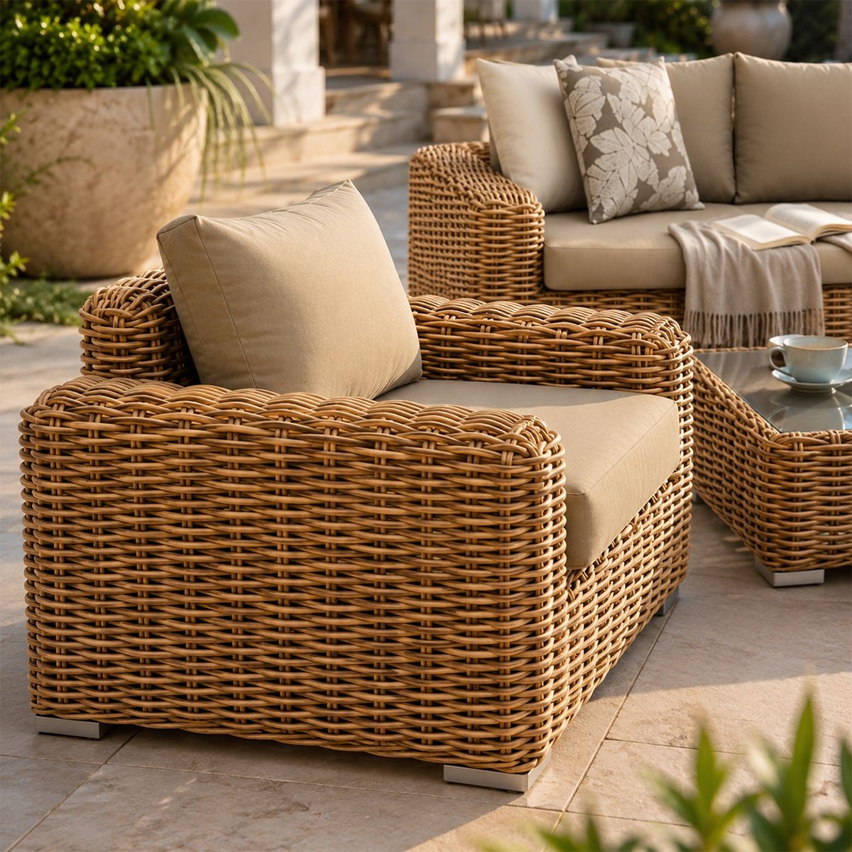 Möbelset, Garten oder Terrasse, Sofa, 2 Sessel, Kaffeetisch, Aluminiumgestell, Polyrattan, Augusta