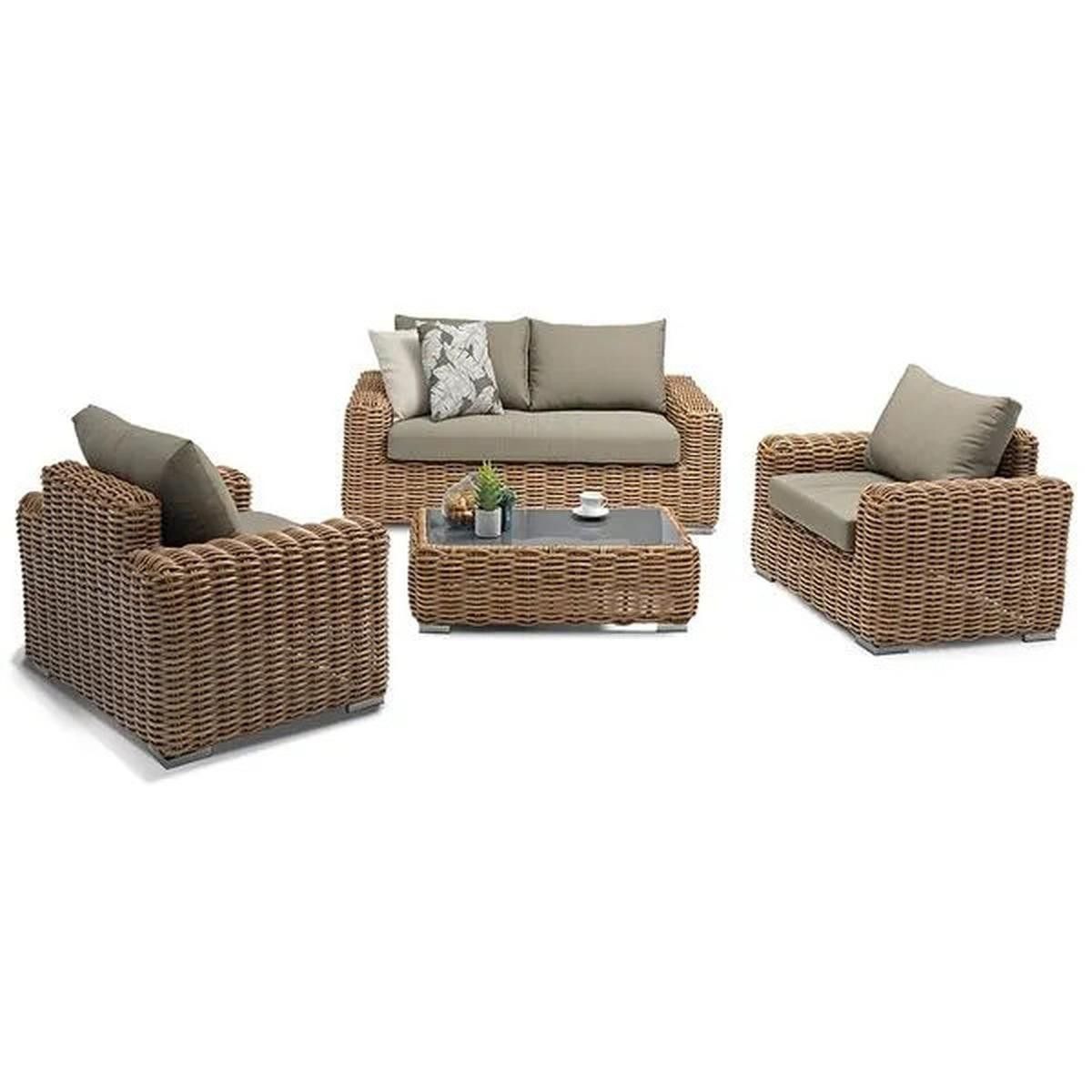 Möbelset für Terrasse oder Garten, Sofa, 2 Sessel, Couchtisch, Aluminiumrahmen, Polyrattan, Augusta