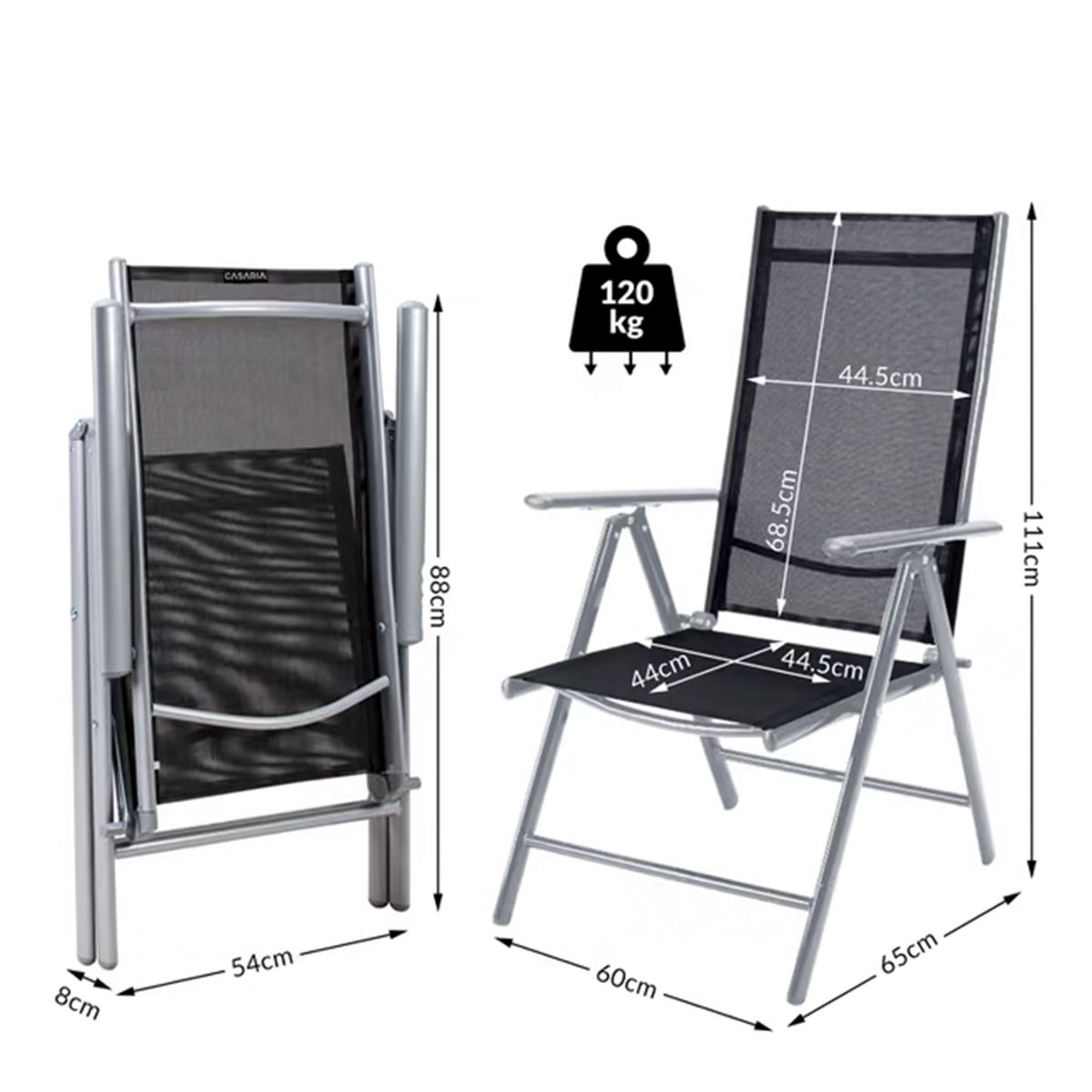Gartenmöbel-Set für die Terrasse, großer Tisch mit matter Glasplatte, 6 klappbare Aluminiumstühle, 150 x90x75 cm, Clinton