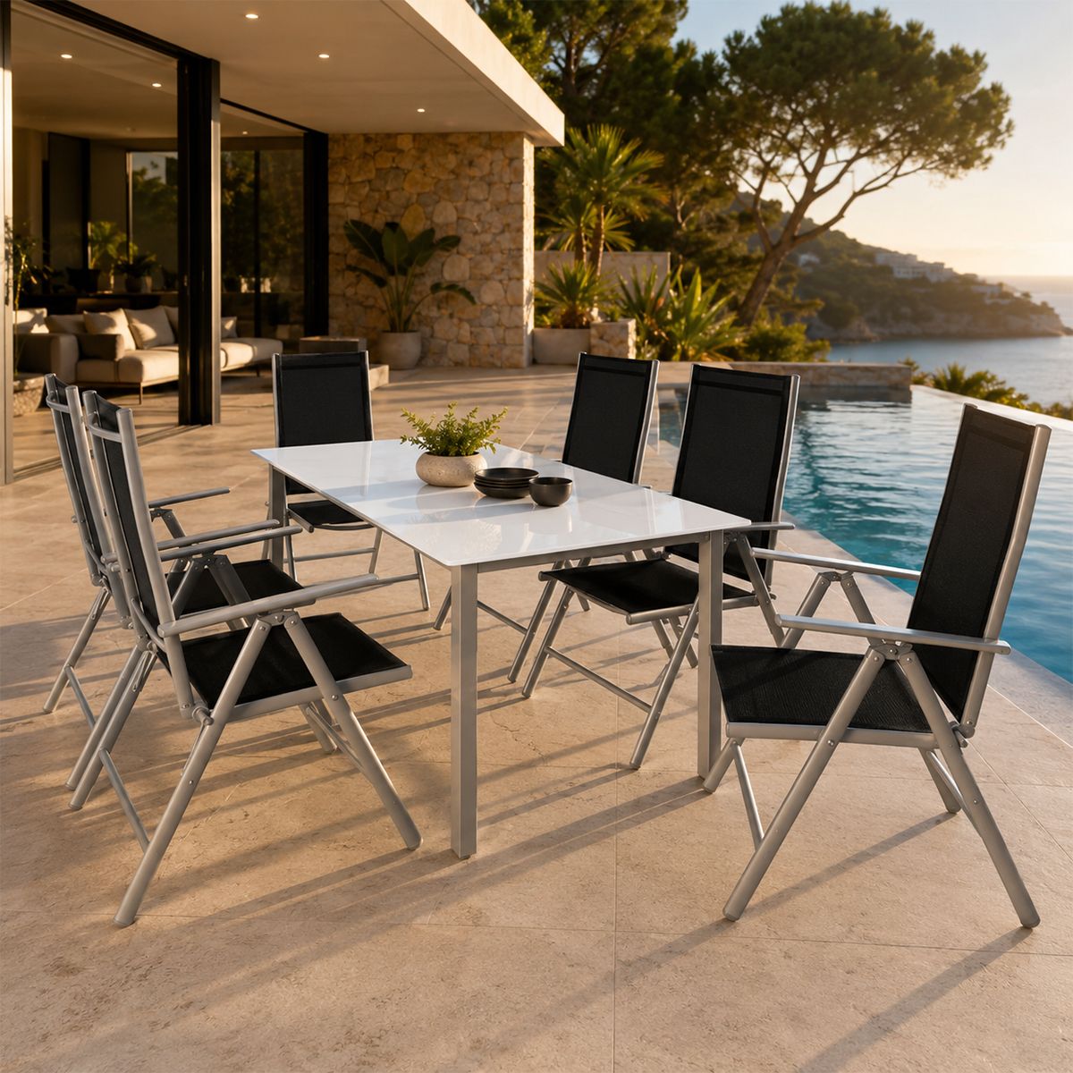 Gartenmöbel-Set für die Terrasse, großer Tisch mit matter Glasplatte, 6 klappbare Aluminiumstühle, 150 x90x75 cm, Clinton