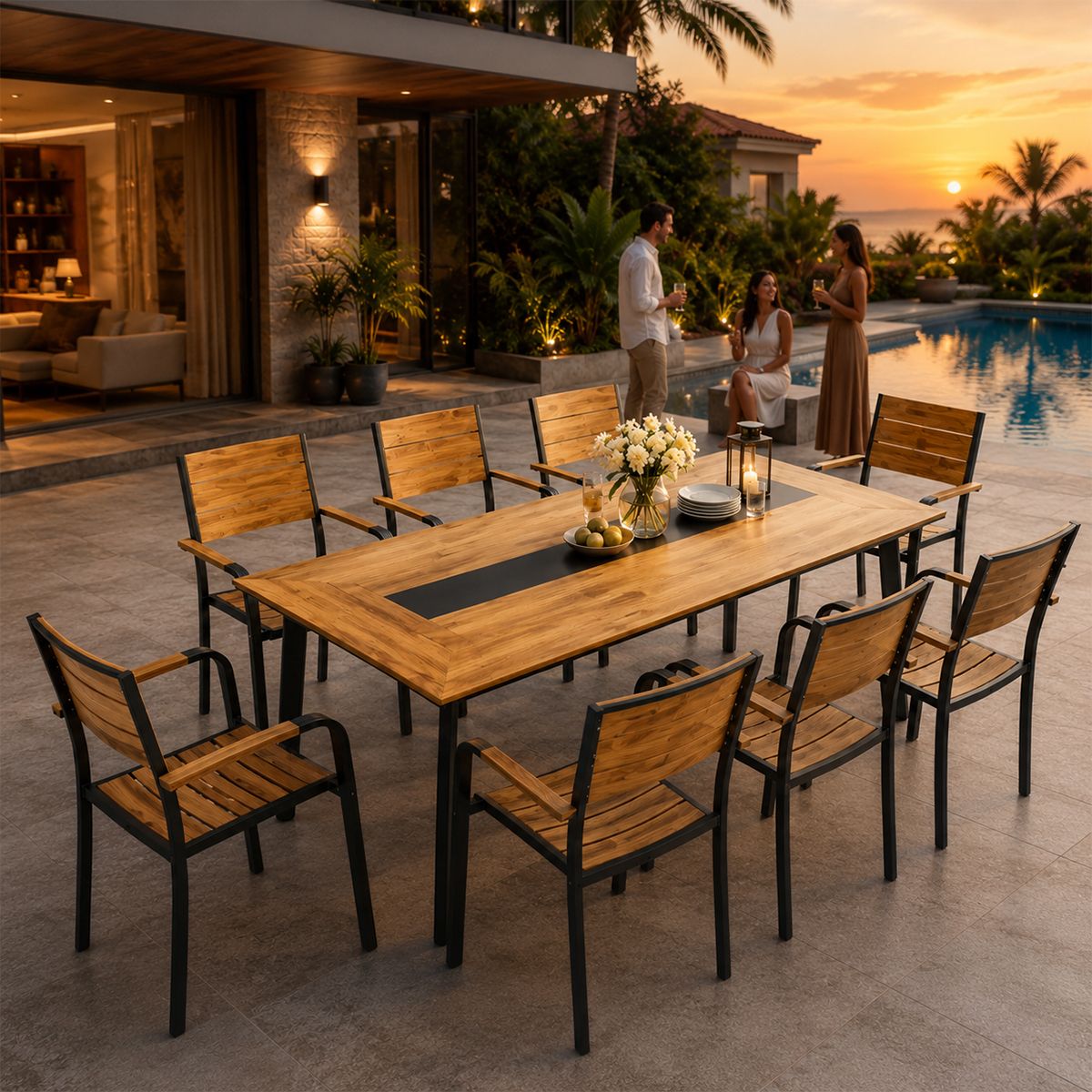 Möbelset für Garten oder Terrasse – Tisch und 8 stapelbare Stühle aus Aluminium und WPC, Blake