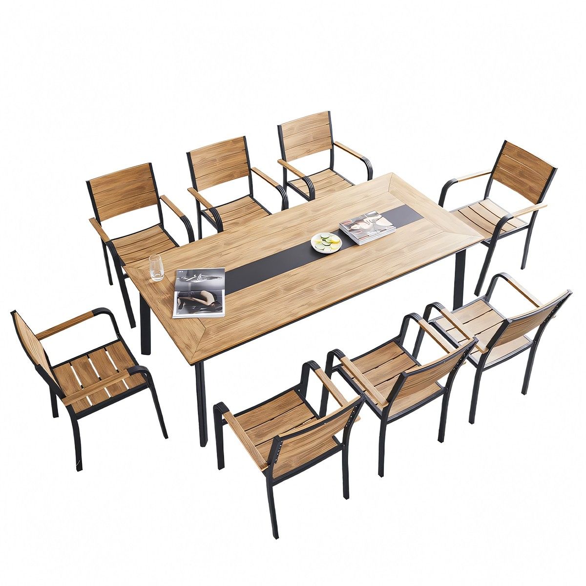 Möbelset für Garten oder Terrasse – Tisch und 8 stapelbare Stühle aus Aluminium und WPC, Blake