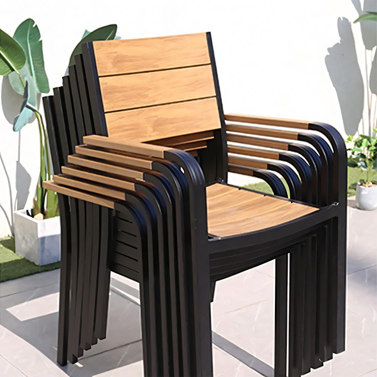 Möbelset für Garten oder Terrasse – Tisch und 8 stapelbare Stühle aus Aluminium und WPC, Blake