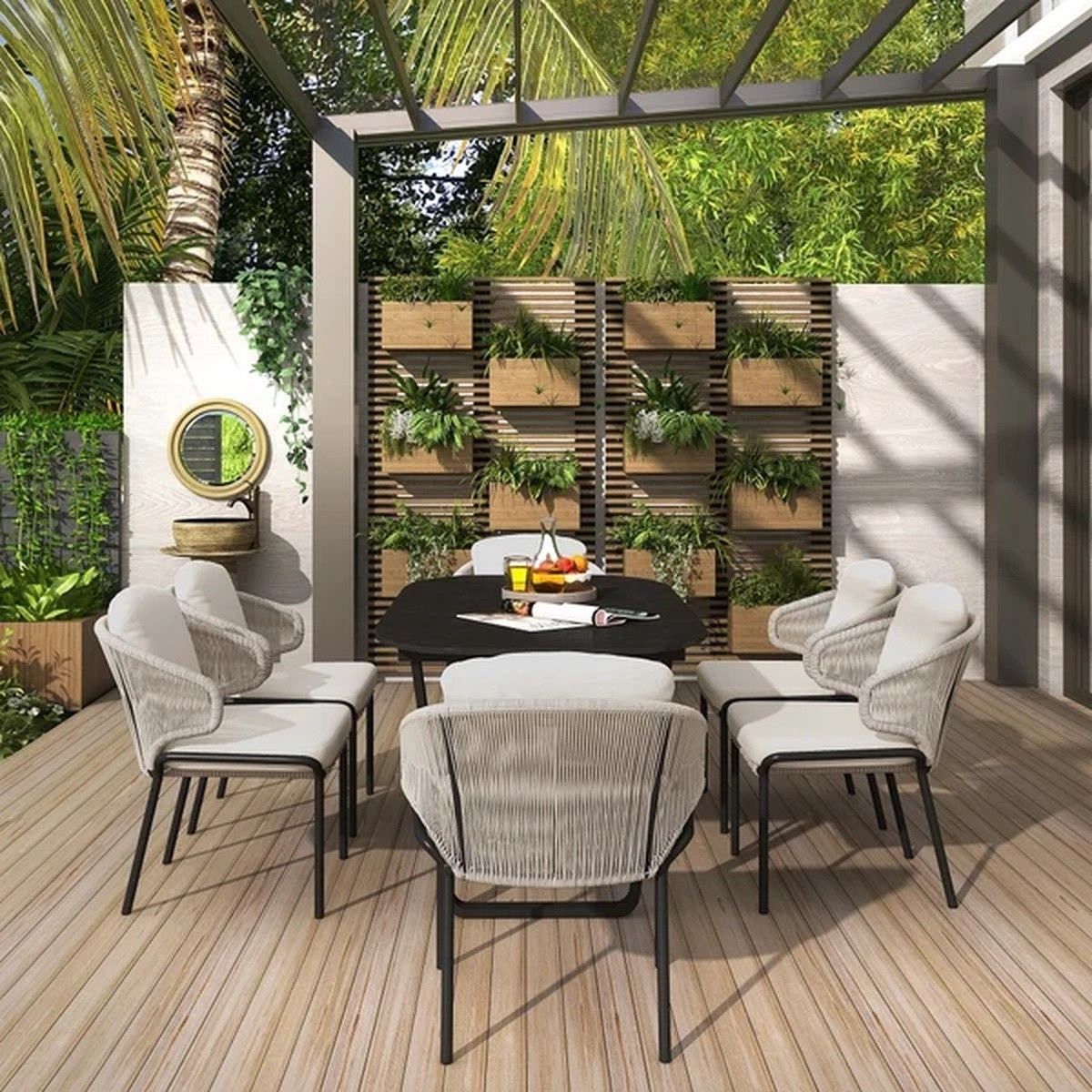 Möbelset für Garten oder Terrasse, 6 Personen – Tisch mit Aluminiumplatte, Stühle mit Kissen, Polyrattan, Roma