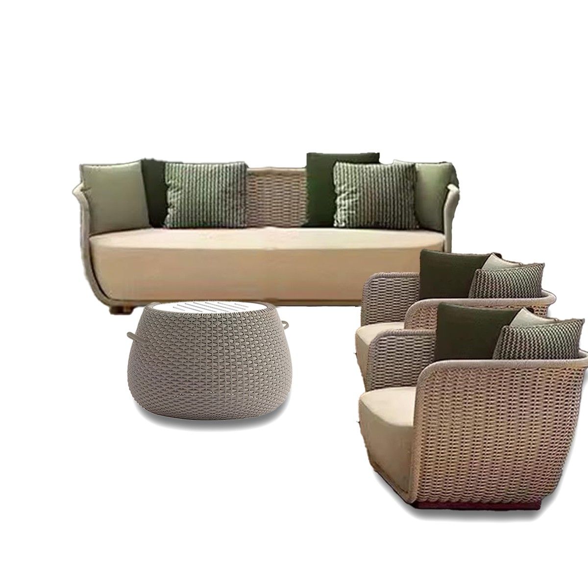 Möbelset für Terrasse und Garten, Sessel, 2-Sitzer-Sofa, Tisch, Aluminium, Seilgeflecht, cremefarbene Sitzfläche, olivgrüne Kissen, NIKO