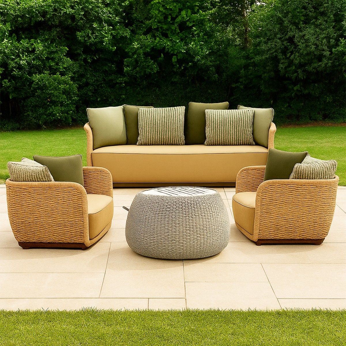 Möbelset für Terrasse und Garten, Sessel, 2-Sitzer-Sofa, Tisch, Aluminium, Seilgeflecht, cremefarbene Sitzfläche, olivgrüne Kissen, NIKO