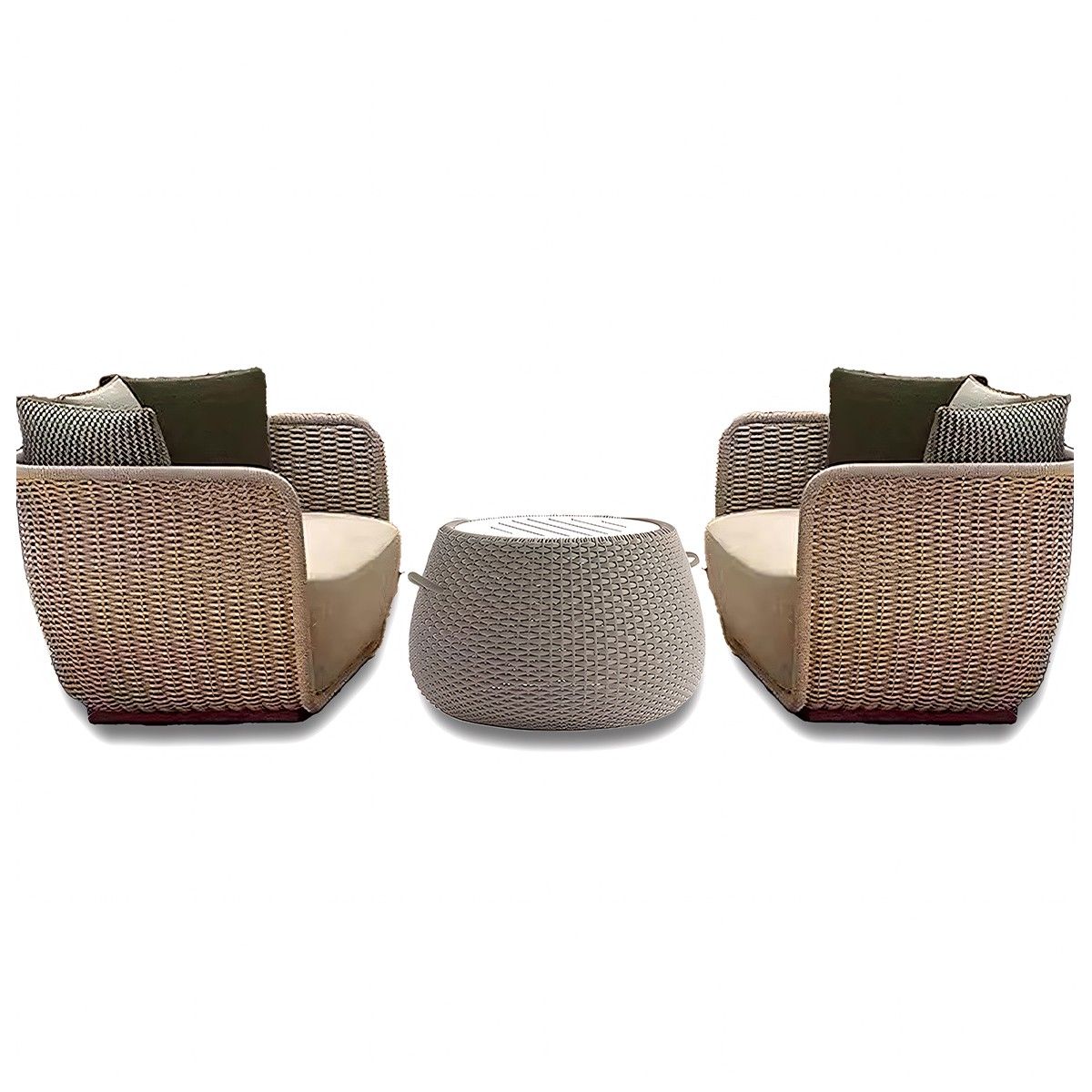 Möbelset für Terrasse und Garten, Sessel, 2-Sitzer-Sofa, Tisch, Aluminium, Seilgeflecht, cremefarbene Sitzfläche, olivgrüne Kissen, NIKO