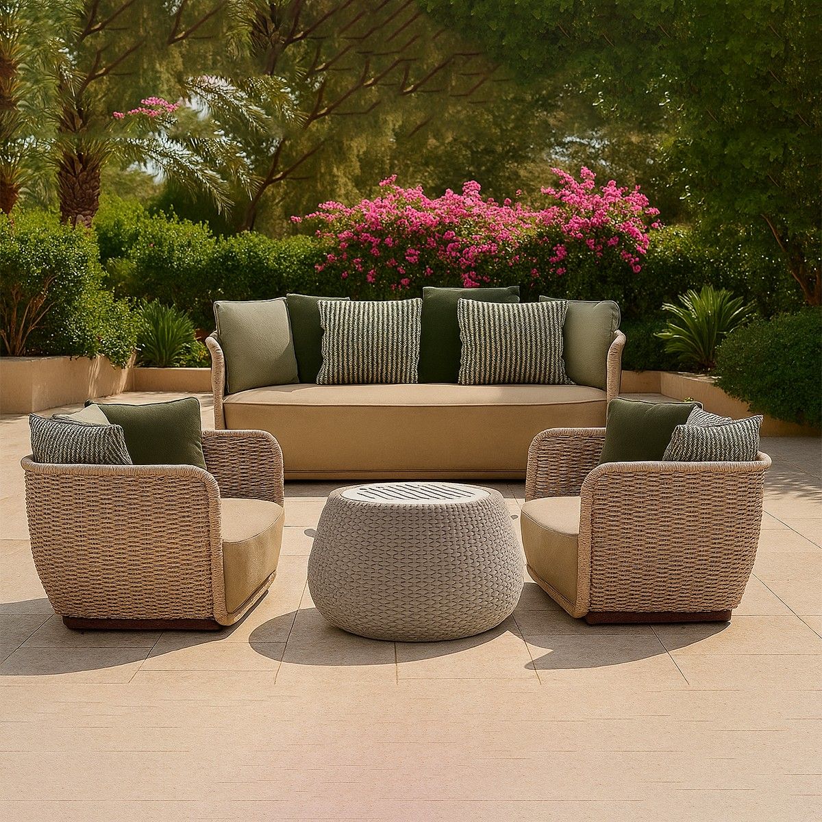 Möbelset für Terrasse und Garten, Sessel, 2-Sitzer-Sofa, Tisch, Aluminium, Seilgeflecht, cremefarbene Sitzfläche, olivgrüne Kissen, NIKO