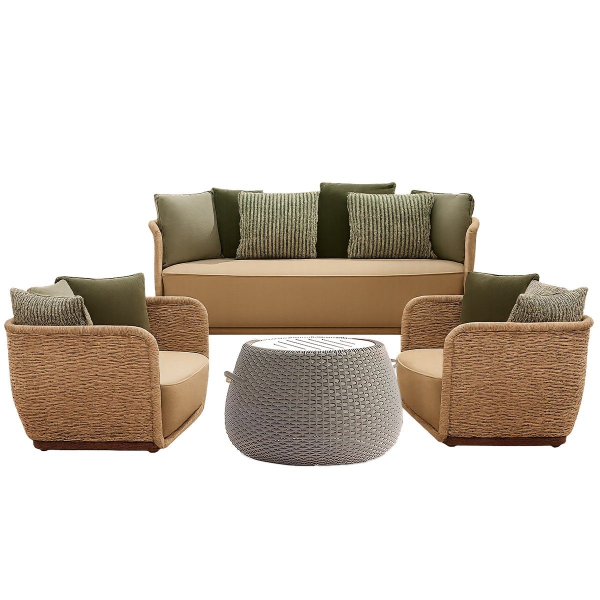 Möbelset, Garten oder Terrasse, Sessel, 2-Sitzer-Sofa, Tisch, Aluminium, Seilgeflecht, Creme-Sitzfläche, olivgrüne Kissen, NIKO