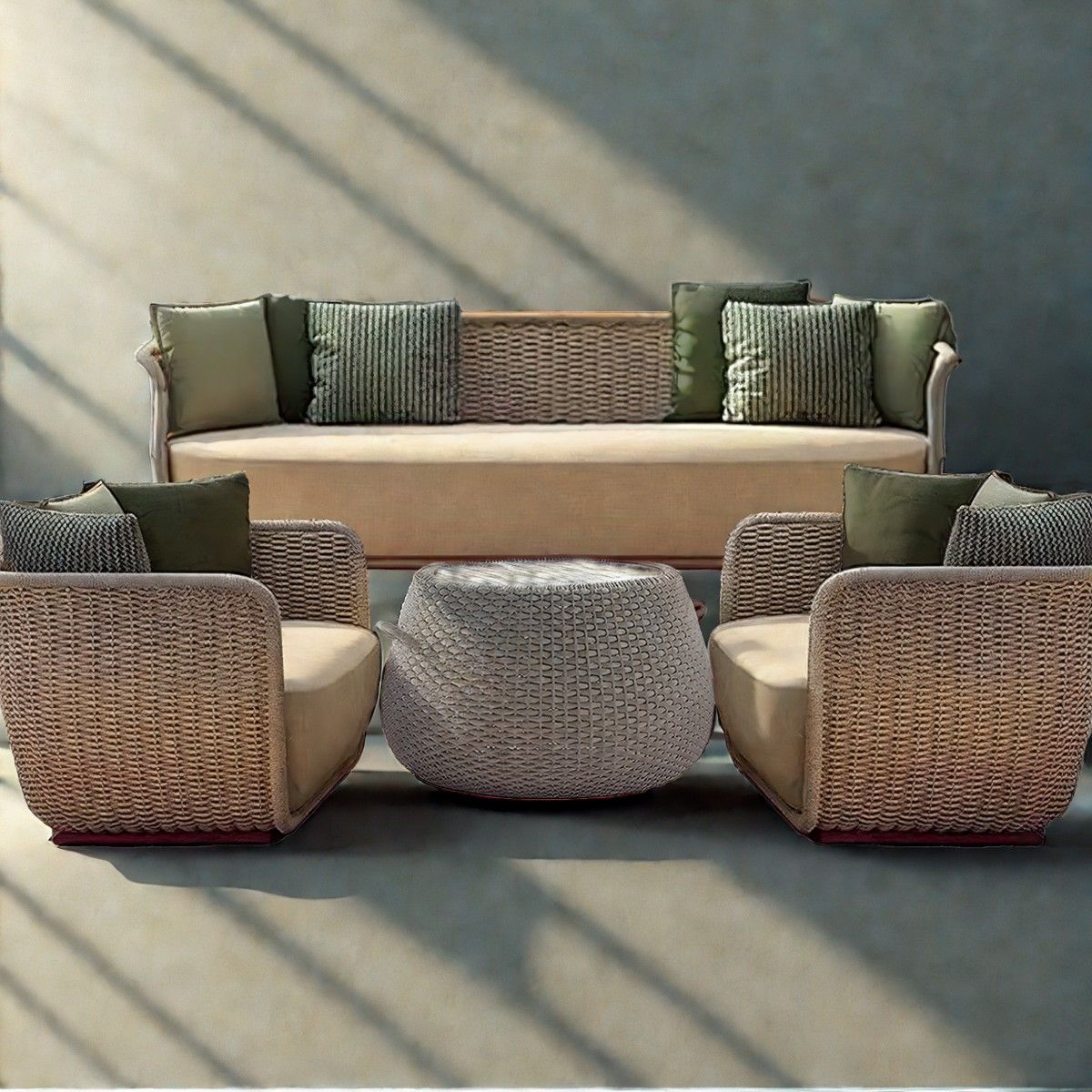 Möbelset für Terrasse und Garten, Sessel, 2-Sitzer-Sofa, Tisch, Aluminium, Seilgeflecht, cremefarbene Sitzfläche, olivgrüne Kissen, NIKO
