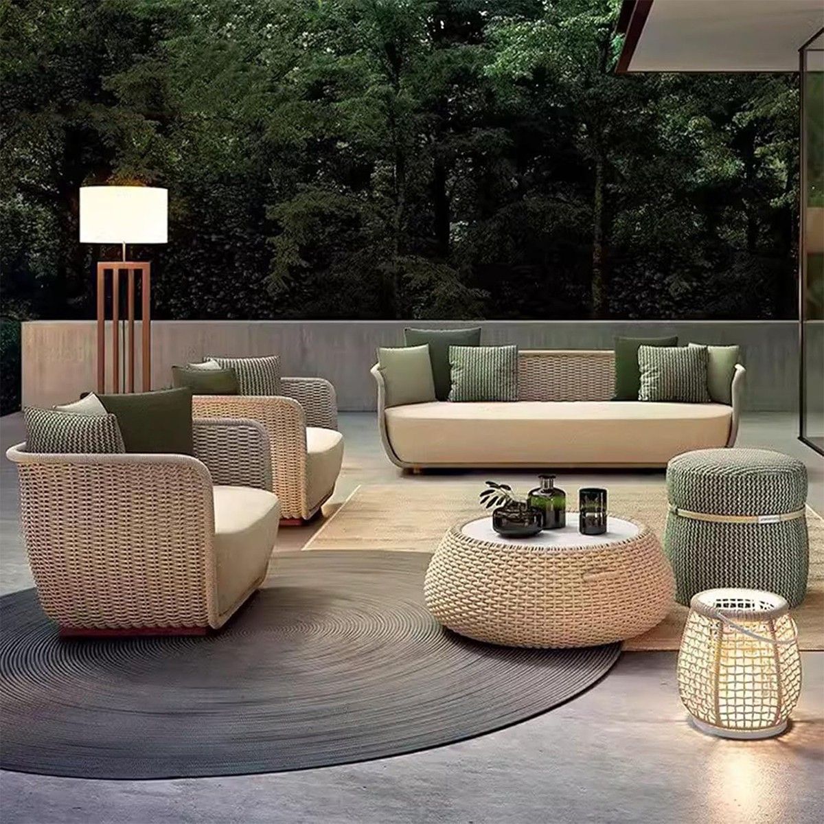 Möbelset für Terrasse und Garten, Sessel, 2-Sitzer-Sofa, Tisch, Aluminium, Seilgeflecht, cremefarbene Sitzfläche, olivgrüne Kissen, NIKO