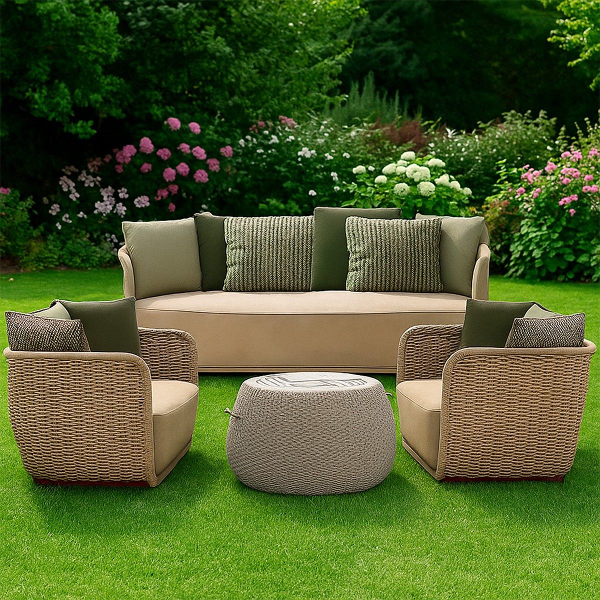 Möbelset, Garten oder Terrasse, Sessel, 2-Sitzer-Sofa, Tisch, Aluminium, Seilgeflecht, Creme-Sitzfläche, olivgrüne Kissen, NIKO
