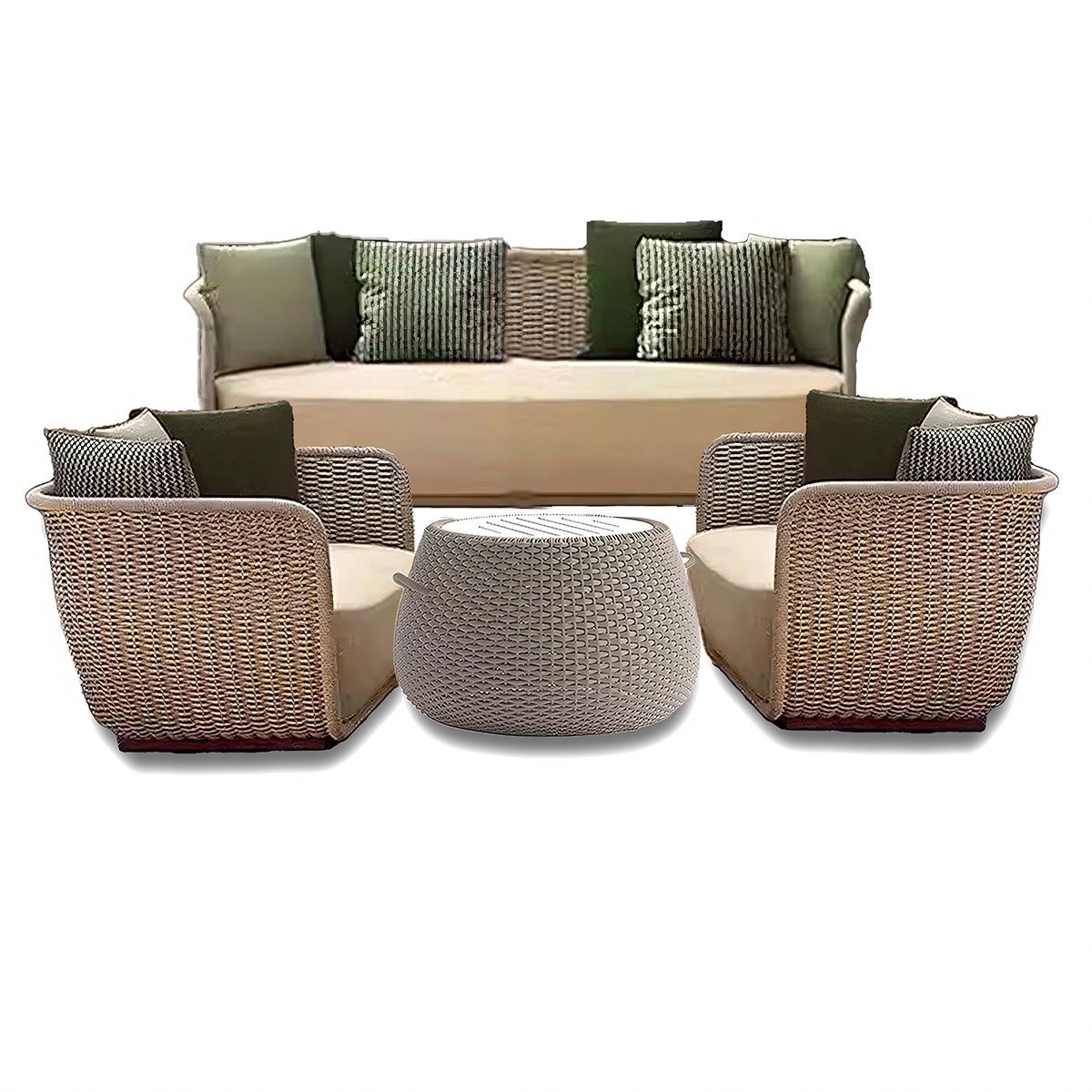 Möbelset für Terrasse und Garten, Sessel, 2-Sitzer-Sofa, Tisch, Aluminium, Seilgeflecht, cremefarbene Sitzfläche, olivgrüne Kissen, NIKO