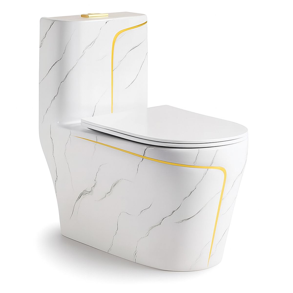 WC-Set, Standwaschbecken Lazio Marble spülrandlos, Weiß, Bodenmontage, Spülkasten inbegriffen, Armaturloch, Soft-Close-Deckel