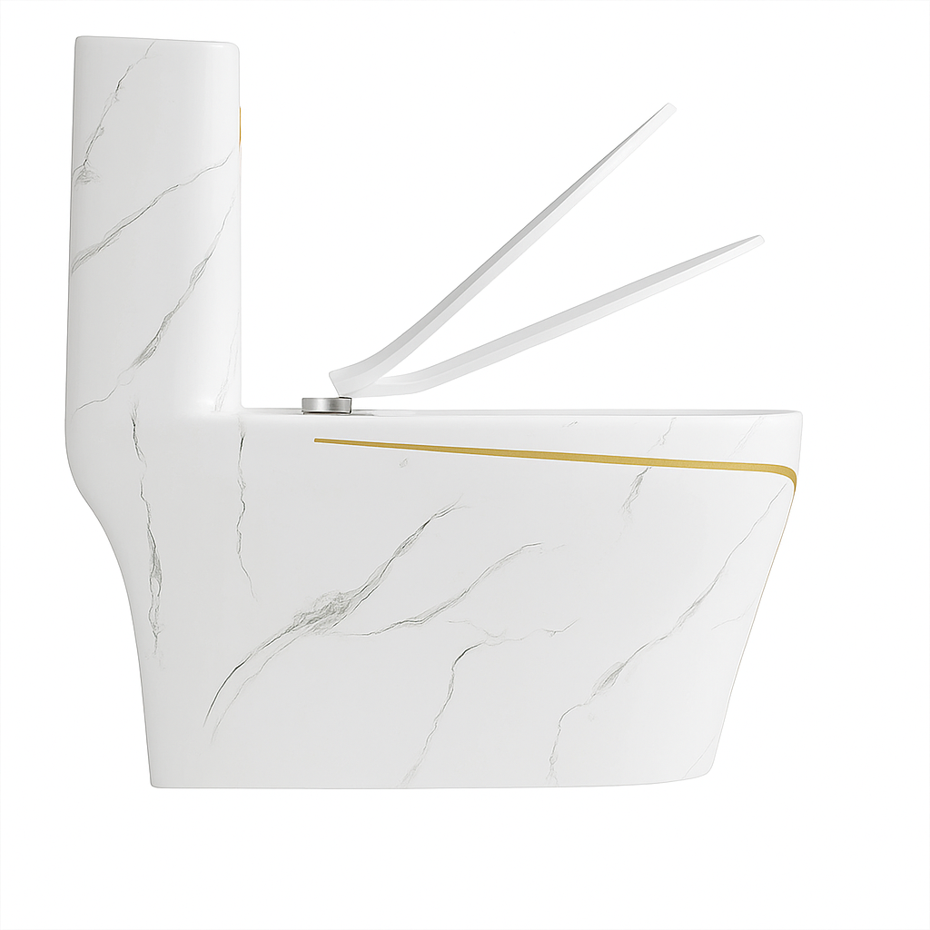 WC-Set, Standwaschbecken Lazio Marble spülrandlos, Weiß, Bodenmontage, Spülkasten inbegriffen, Armaturloch, Soft-Close-Deckel