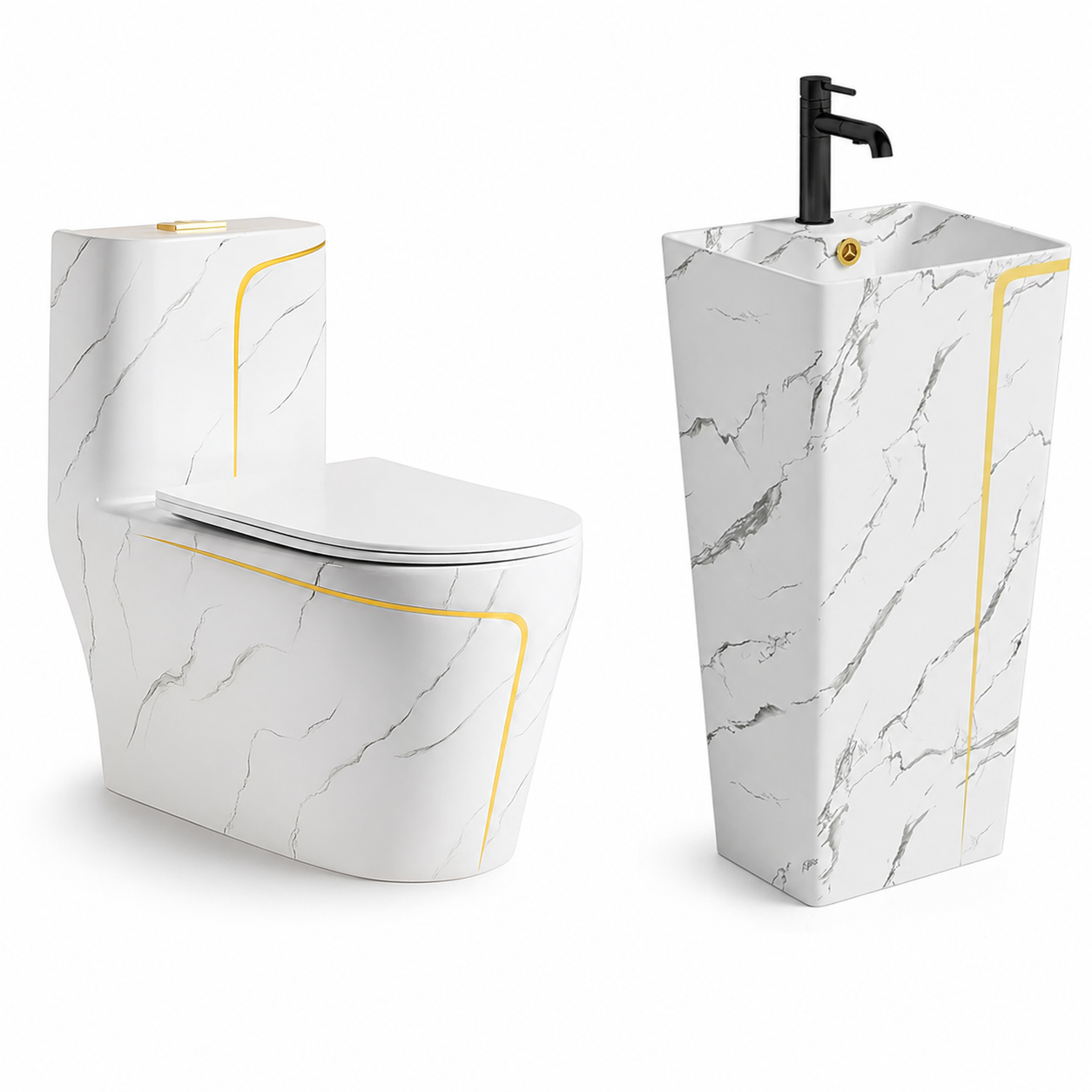 WC-Set, Standwaschbecken Lazio Marble spülrandlos, Weiß, Bodenmontage, Spülkasten inbegriffen, Armaturloch, Soft-Close-Deckel