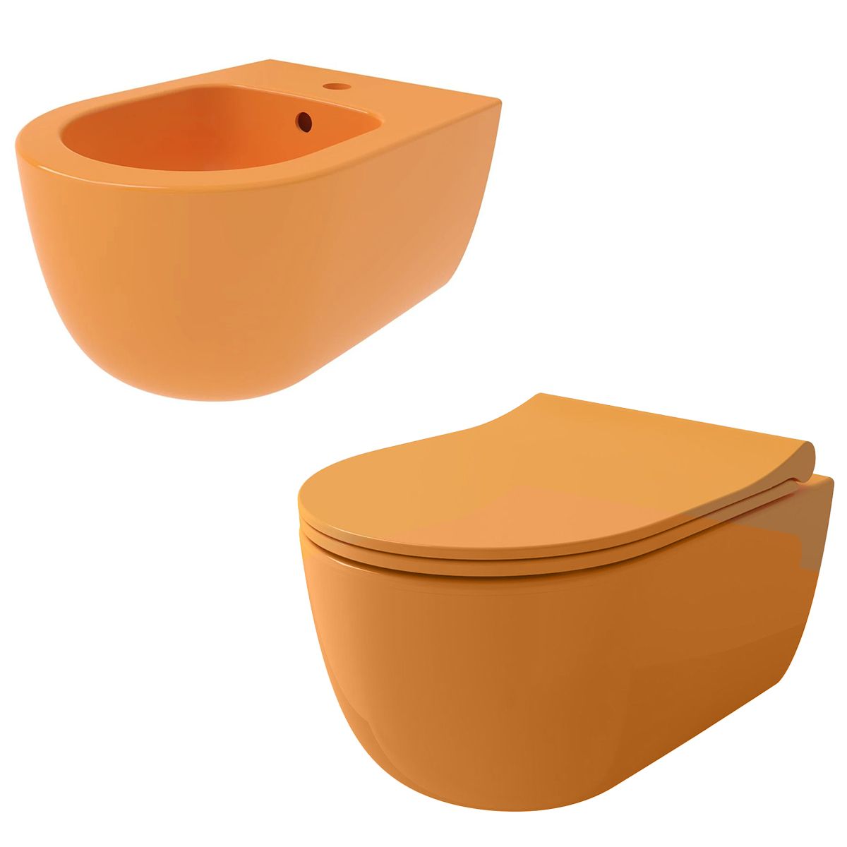 WC- und Bidet-Set, Mandarinenorange, glänzende Oberfläche, hängende Montage, 49x36 cm, Michael-Kollektion