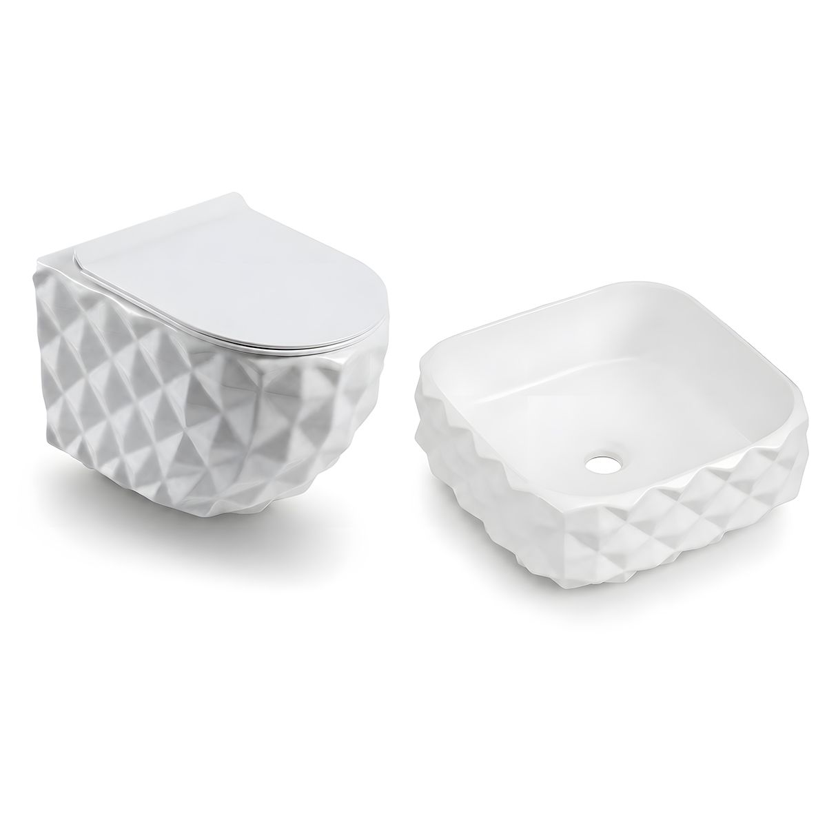WC-Set und Waschbecken, Hochglanzweiß, wandhängend und für Aufsatzmontage, 49x36-61x34 cm, Duroplast-Sitz, Perlmutt