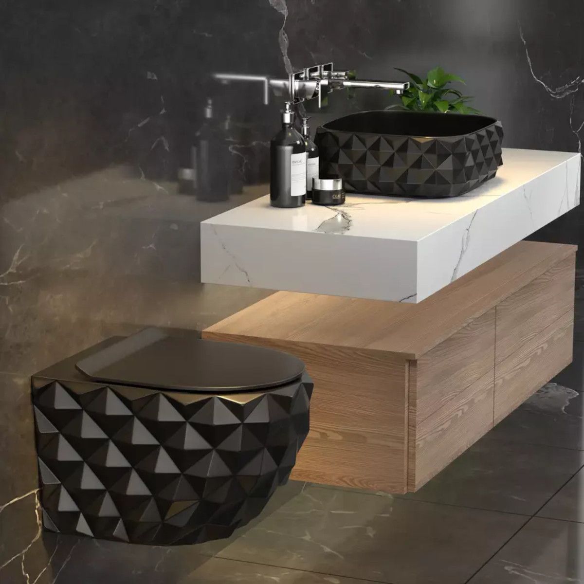 WC-Set und Waschbecken, glänzend Schwarz, wandhängend und für Aufsatzmontage, 49x36-61x34 cm, Duroplast-Sitz, Sidef