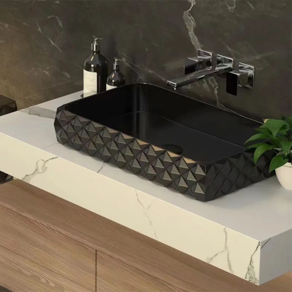 WC-Set und Waschbecken, glänzend Schwarz, wandhängend und für Aufsatzmontage, 49x36-61x34 cm, Duroplast-Sitz, Sidef