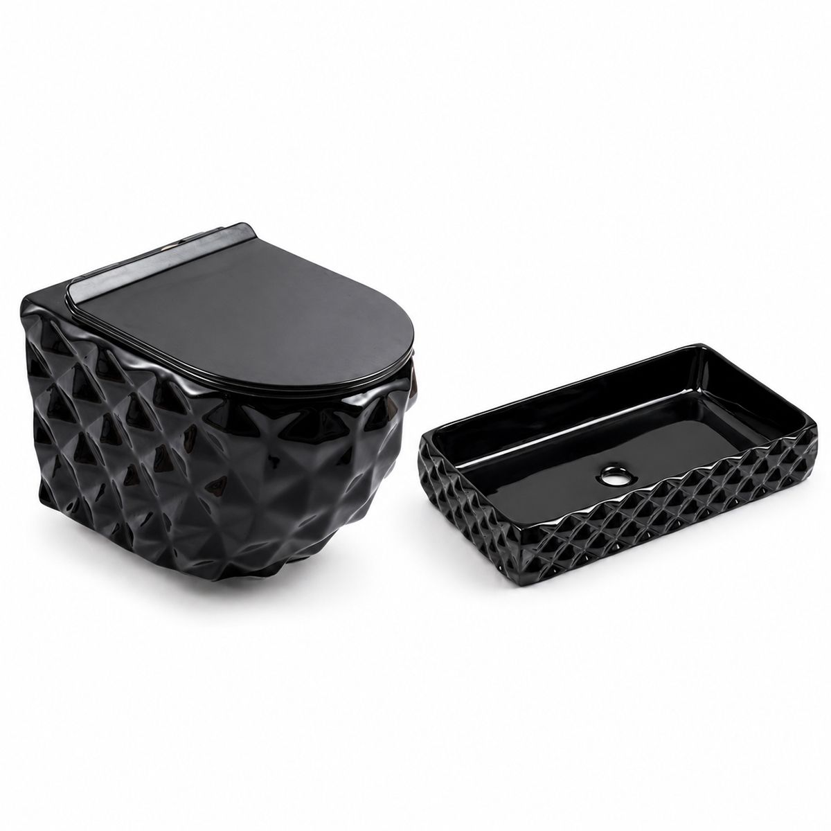 WC-Set und Waschbecken, glänzend Schwarz, wandhängend und für Aufsatzmontage, 49x36-61x34 cm, Duroplast-Sitz, Sidef