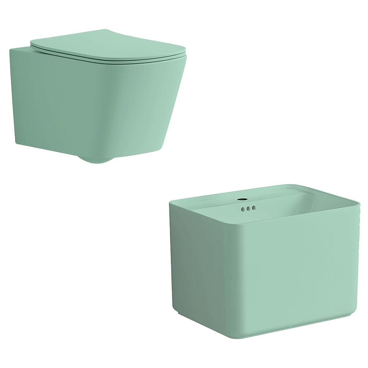 WC-Becken und Waschbecken, Mint Matt, Power Color, 51x35-50x40 cm, wandhängend und Aufsatzmontage, Duroplast-Sitz, Alfonso