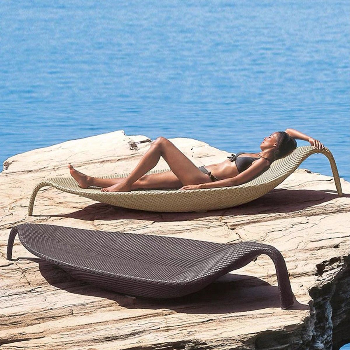 Strandliege, Aluminium, Polyrattan-Geflecht, Blattform, 195 x 80 x 45 cm, Beige, Verdi