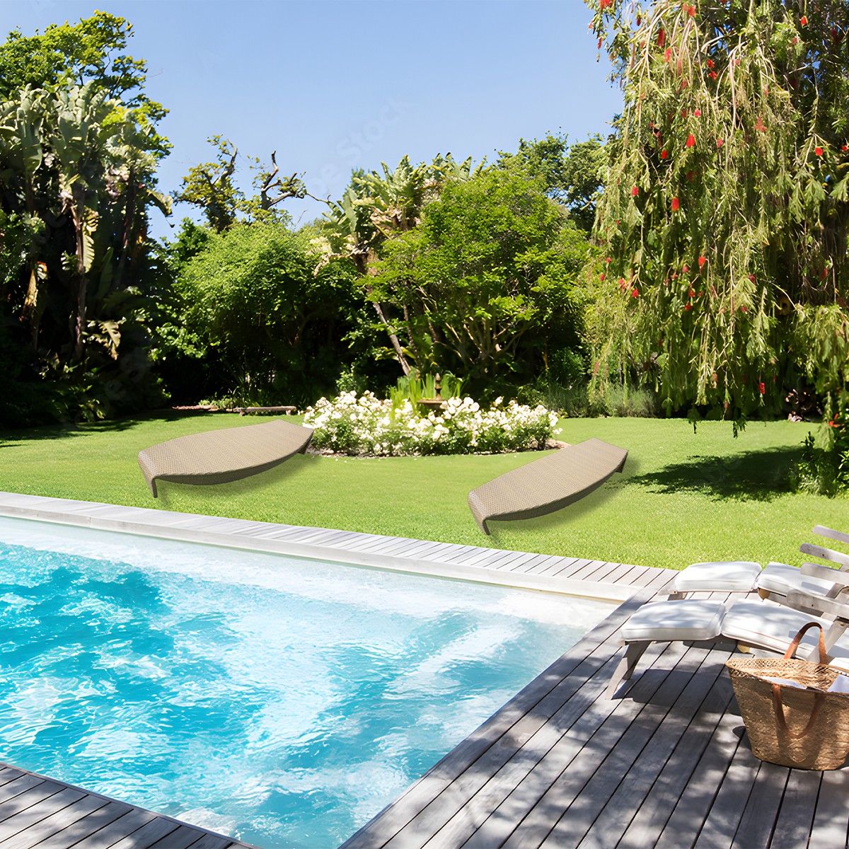 Strandliege, Beige, Aluminium und Polyrattan, Blattform, ideal für Pool und Terrasse, Acapulco