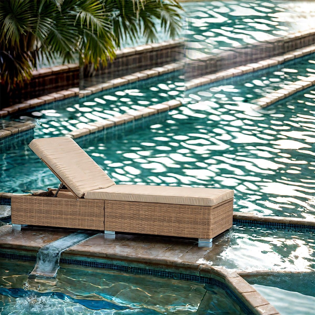Strandliege, verstellbare Höhe, inkl. Matratze, wasserabweisende Hülle, Stahl, Polyrattan, Beige, 195 x 69 x 30 cm, Braun, Ibiza
