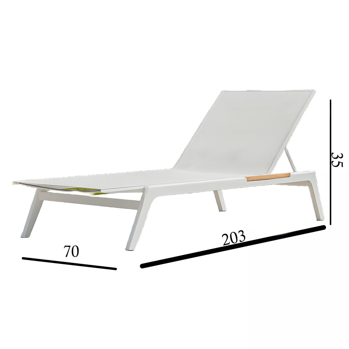 Strandliege aus Aluminium und Teakholz, höhenverstellbar, 203x70x35 cm, UV-beständiges Texlin-Gewebe, Weiß, Horizon