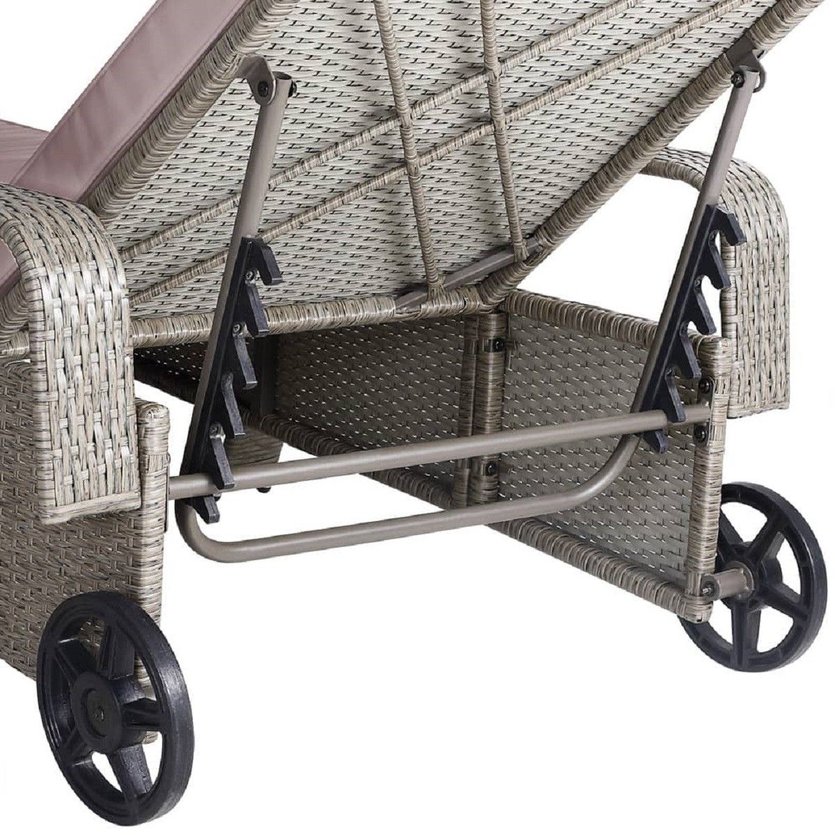 Poly-Rattan-Liege, Transportrollen, Stahlrahmen, 6-fach verstellbare Rückenlehne, inkl. taupefarbenem Kissen, 190x90 cm