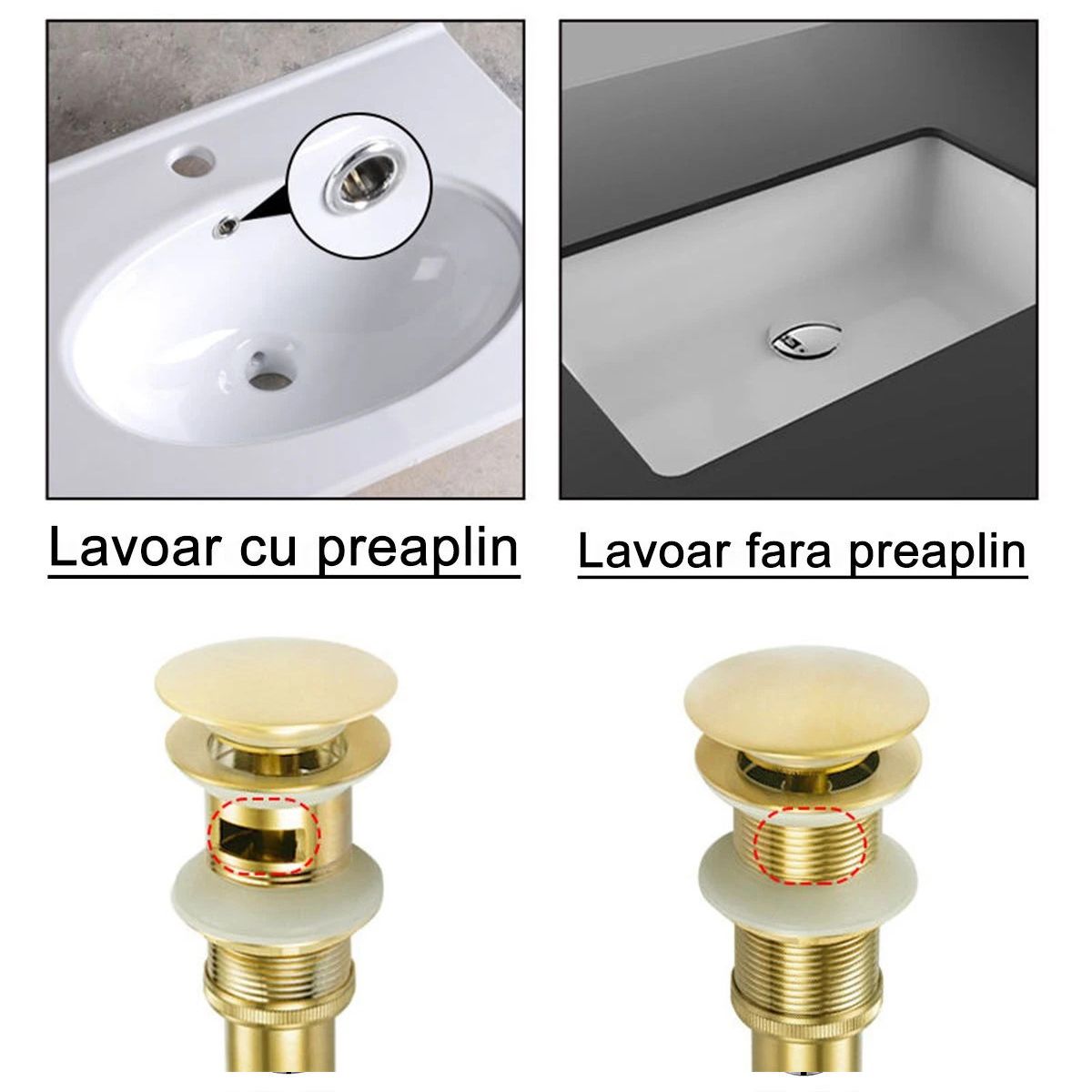 Siphon mit Ventil, Pop-up-System, Gold, mit oder ohne Überlauf, Silikondichtung, Zaro