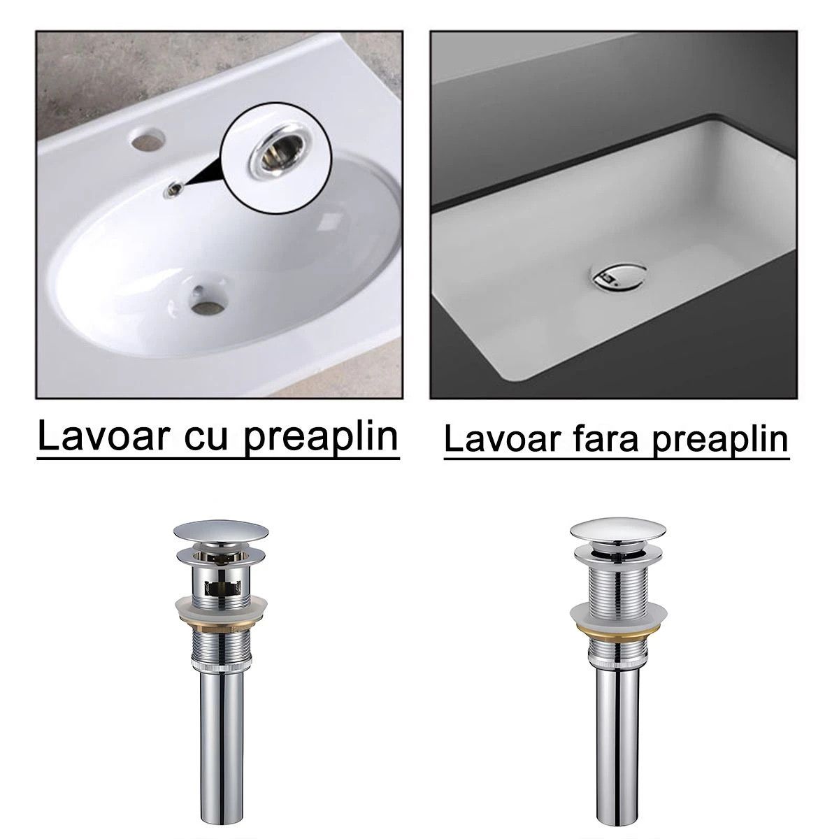 Siphon mit Ventil, Pop-up-System, Chrom, mit oder ohne Überlauf, Silikondichtung, Zaro