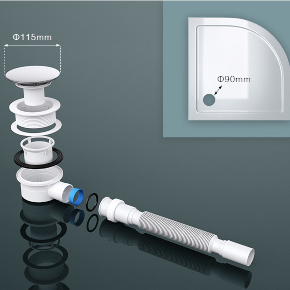 Ablaufsiphon für Duschwannen, universal, flexibles Rohr, Chrom Abdeckung, AL 01