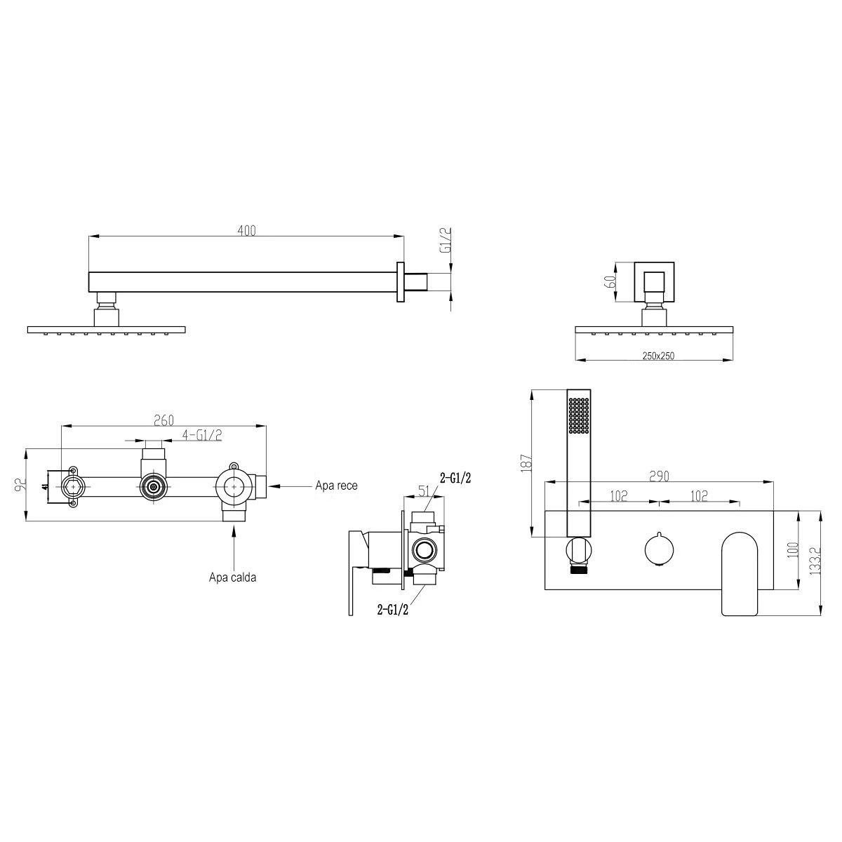 Duschsystem, Mattgold, 2 Funktionen, Messing, wandbündige Montage, Lucente