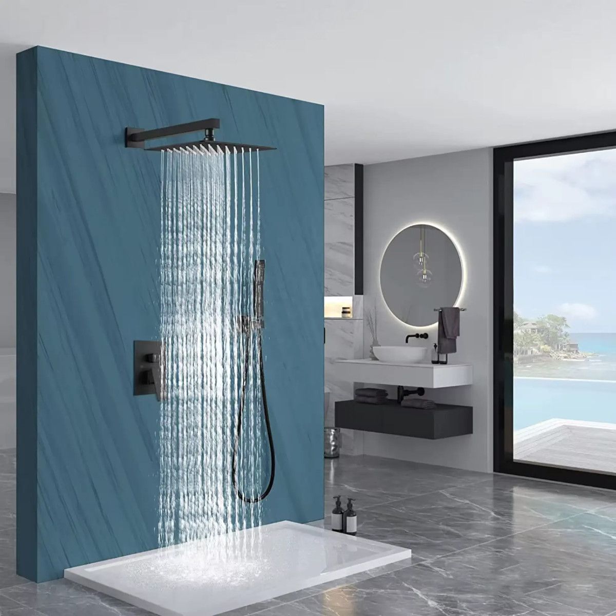 Duschsystem, Unterputzarmatur, 2 Funktionen, Regendusche, Mattschwarz, Venice