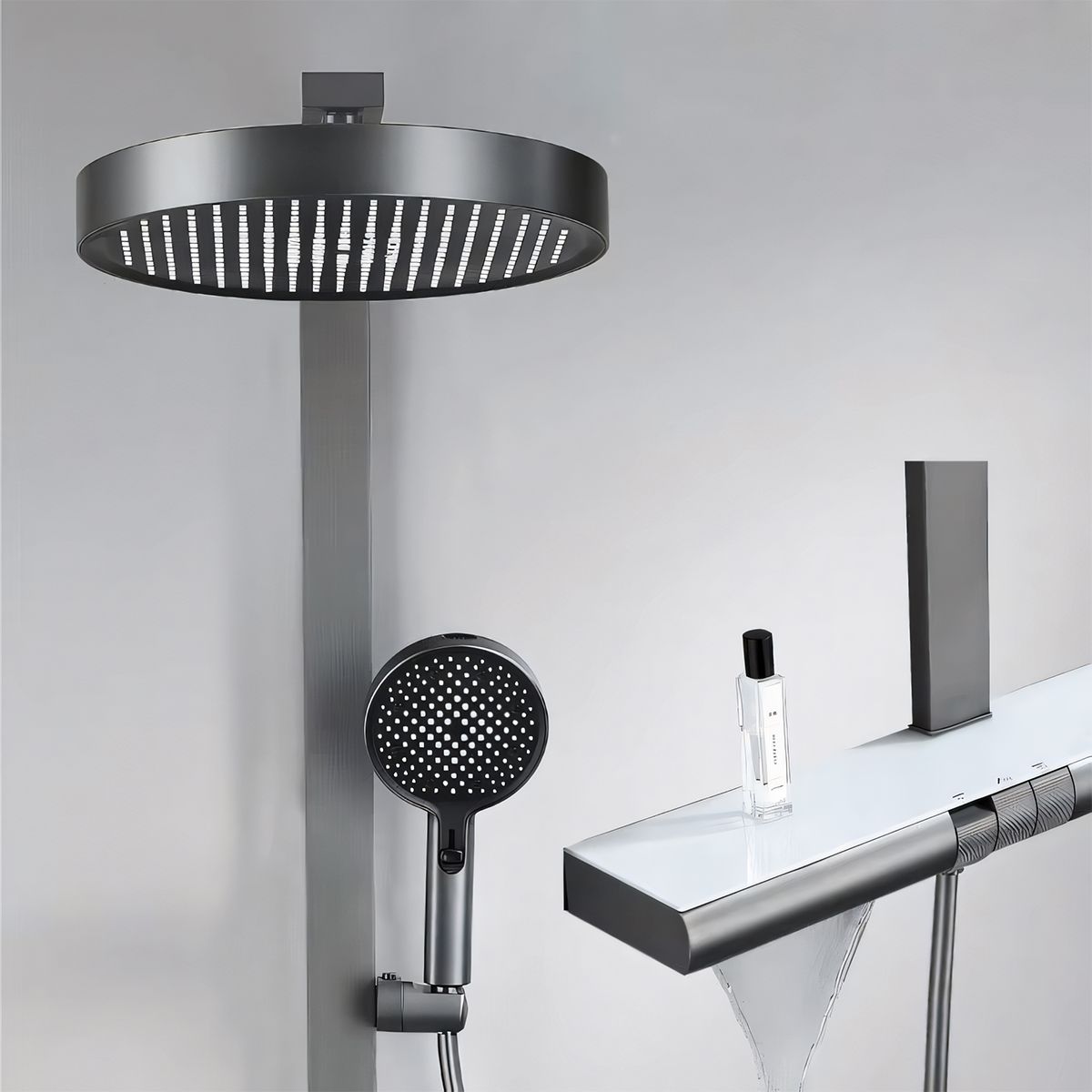 Duschsystem, Piano-Keys-Armatur, Ablage, Wasserfall-Badewannenauslauf, 3 Funktionen, Mattgold, Vivo
